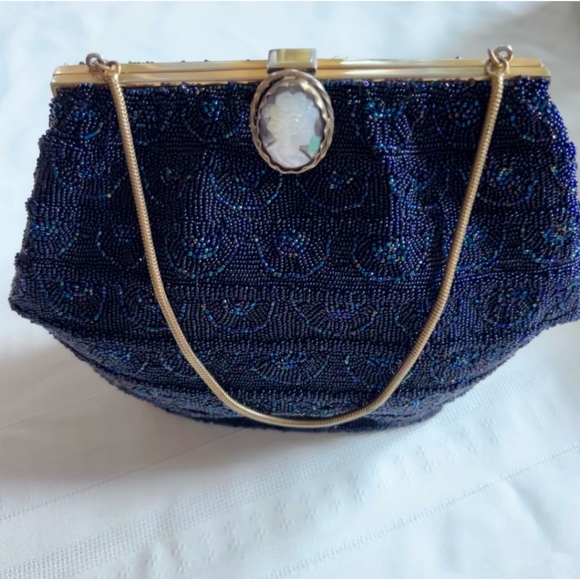 Vintage 1940s Handmade in France Blue Sparkling Purse with change purse